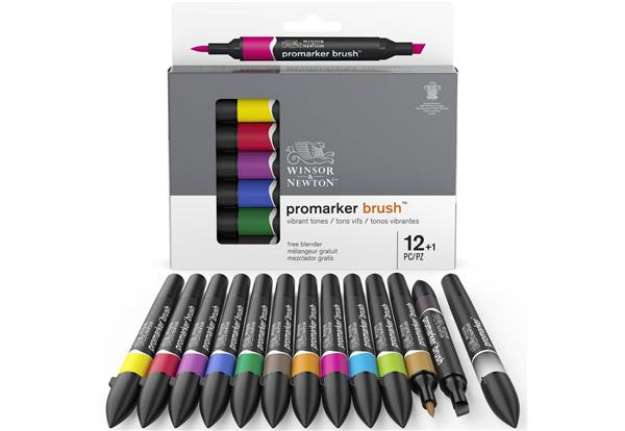 Immagine di Pennarelli Winsor&Newton Promarker Brush doppia punta scalpello-pennello - conf. 12 colori vivaci +