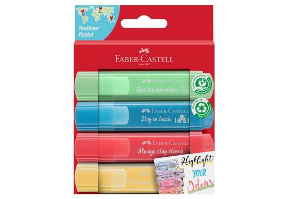 Immagine di Evidenziatore Textliner 46 - punta scalpello - colori assortiti pastel - Faber-Castell - astuccio 4