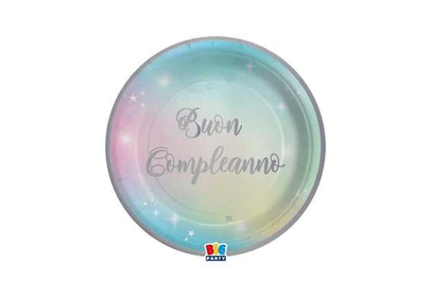 Immagine di Piatto Soft Rainbow - Buon Compleanno - diametro 18 cm - carta - Big Party - conf. 8 pezzi