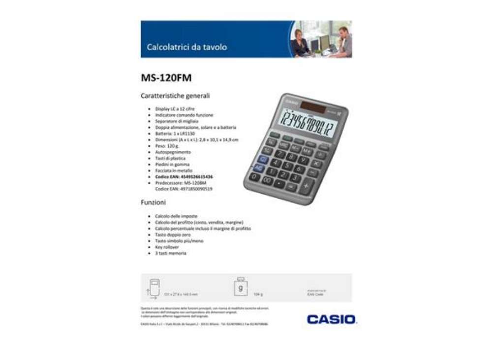 Immagine di Calcolatrice da tavolo CASIO solare o batteria argento - display 12 cifre MS-120FM-WA-EP