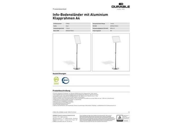 Immagine di Espositore da pavimento Durable con cornice a scatto in alluminio formato A4 4798-23