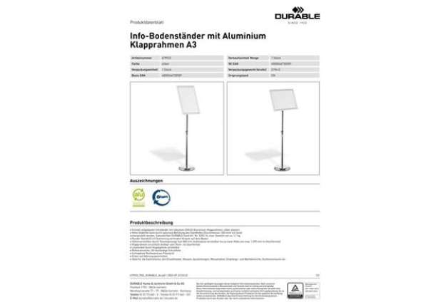 Immagine di Espositore da pavimento Durable con cornice a scatto in alluminio formato A3 4799-23