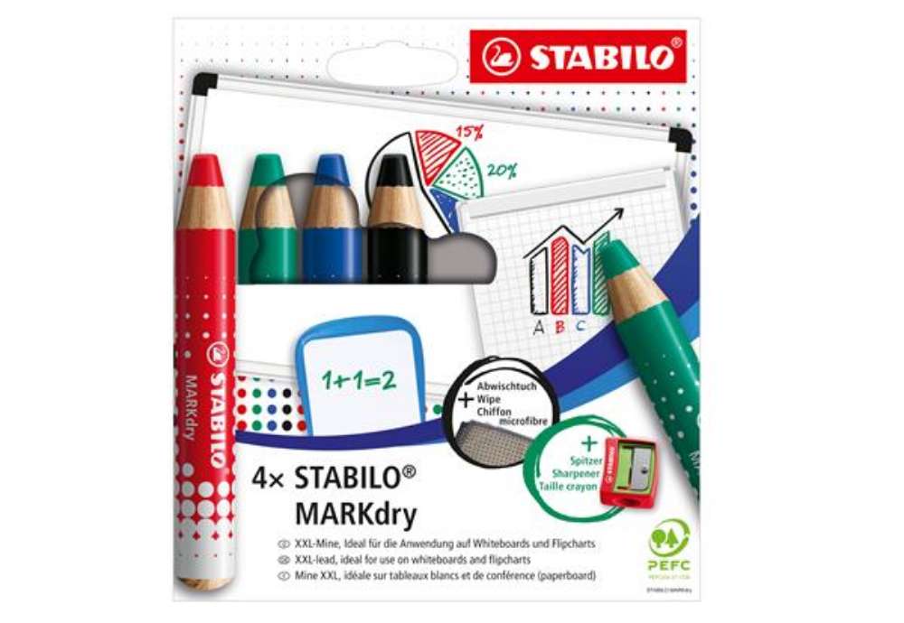 Immagine di Matitoni MARKdry per lavagne - con temperino e panno microfibra - Stabilo - astuccio 4 pezzi