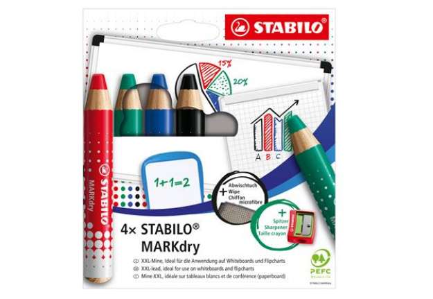 Immagine di Matitoni MARKdry per lavagne - con temperino e panno microfibra - Stabilo - astuccio 4 pezzi