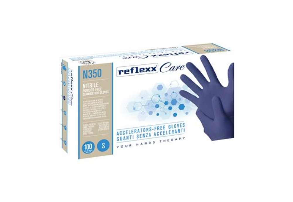 Immagine di Guanti nitrile ipoallergenici N350 - senza acceleranti - taglia S - blu - Reflexx - conf. 100 pezzi