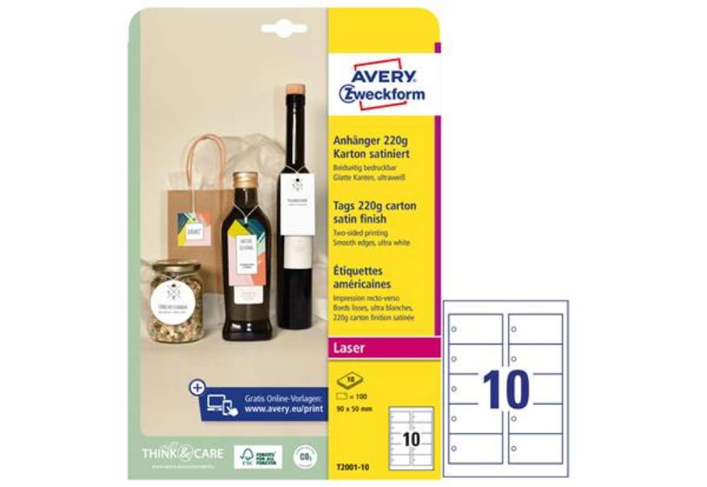Immagine di Cartellino stampabile - in cartoncino - con bordi lisci - laser - 90 x 50 mm - 10 cart/fg - 10 fogli