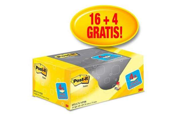 Immagine di Foglietti riposizionabili Post-it® Notes giallo Canary™ 38x51 mm Value Pack 16+4 blocchetti GRATIS -