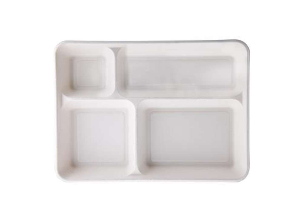 Immagine di Vassoio biodegradabile - 4 scomparti - 37 x 27 x 3,6 cm - canna da zucchero - bianco - Signor Bio -