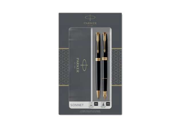 Immagine di Gift set duo Parker Sonnet Black GT penna a sfera M + penna stilografica F inchiostro blu - 2093371