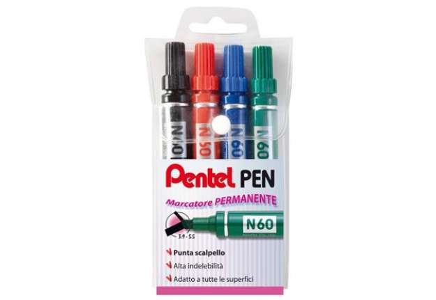 Immagine di Marcatore permanente Pentel N60 con punta a scalpello 3,9/5,7 mm assortiti 4 pezzi - 0050504