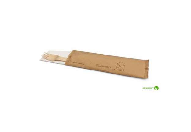 Immagine di Set posate in legno monouso Scatolificio del Garda forchetta-tovagliolo avana - Conf. 250 pezzi - 20