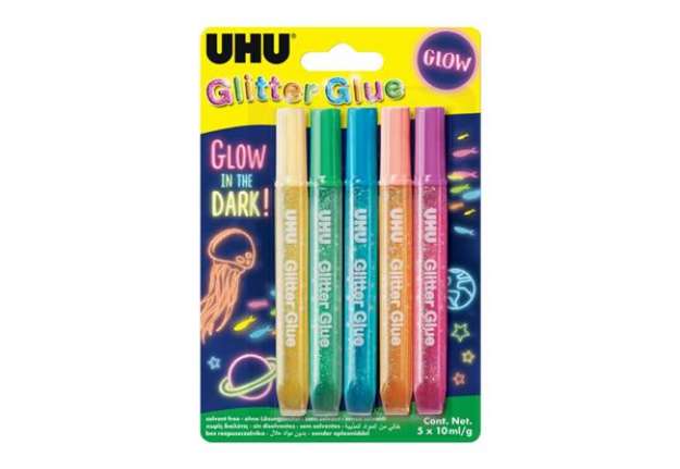 Immagine di Colla Glitter Uhu Glow in the dark -10 ml - colori assortiti - Confezione da 5 pezzi - 48211