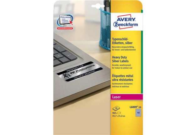 Immagine di Etichette permanenti poliestere argento Avery 45,7x21,2 mm - 48 et/foglio - laser monocolore - conf.