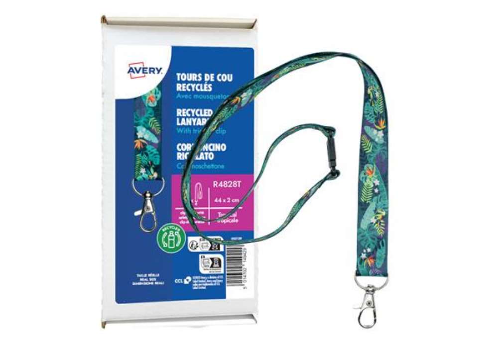 Immagine di Cordoncino per portabadge - in Rpet - fantasia tropicale - 440 x 20 mm - Avery - Conf. 10 pezzi