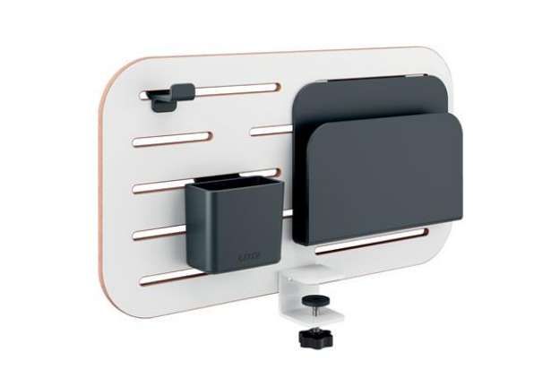 Immagine di Pannello forato piccolo - per scrivanie compatte Sit-Stand - con portapenne, gancio e portariviste -