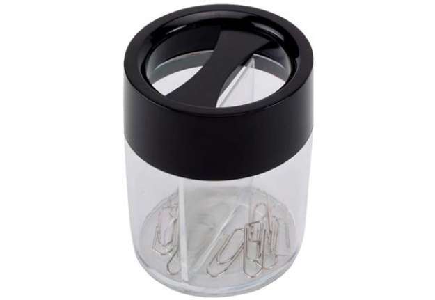 Immagine di Dispenser per fermagli Q-Connect nero/trasparente rotondo 6x6x7,2 cm KF02133