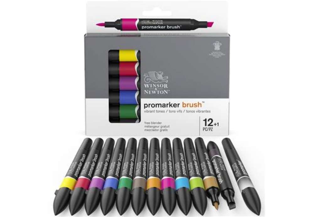 Immagine di Pennarelli Winsor&Newton Promarker Brush doppia punta scalpello-pennello - conf. 12 colori vivaci +